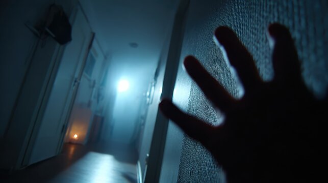 Gruselige Dunkelheit im Flur mit schattenhaftem Handabdruck auf der Wand