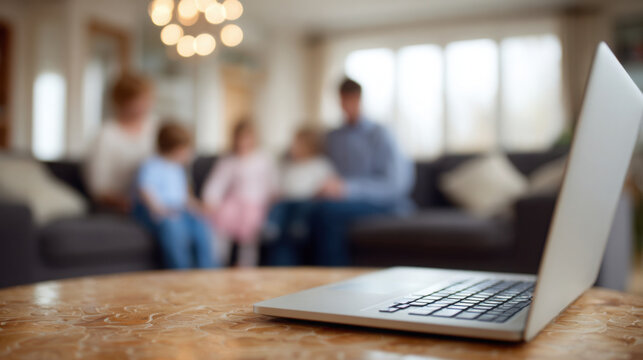 Laptop on wooden table with blurred background of family sitting on sofa