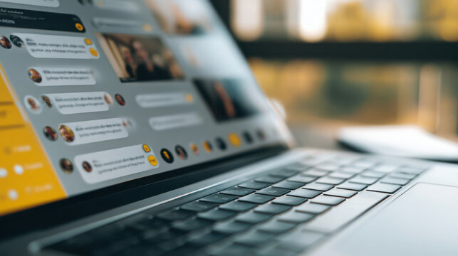 Laptop screen displaying video call interface with chat messages, close up view