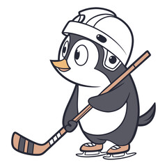 Cute Cartoon Penguin Playing Ice Hockey Vector Illustration 