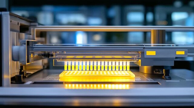 A technician runs a gel electrophoresis in a molecular lab with DNA bands migrating buffers bubbling electrodes connected and a UV transilluminator glowing presented in a