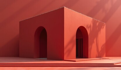 Modern architectural structure with bold red walls, set against a minimalist background