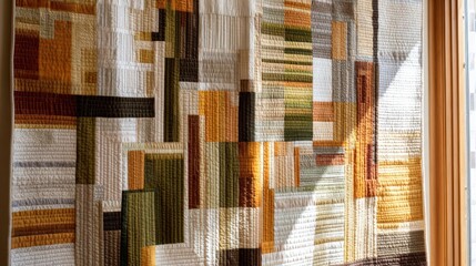 A vibrant quilt is displayed against a light wall, featuring various geometric patterns in shades of brown, green, and cream. The sunlight highlights the texture of the fabric.