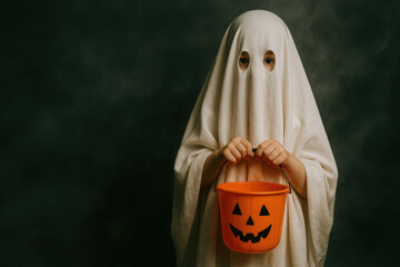 cute kid with halloween ghost costume and a jack o lantern bucket