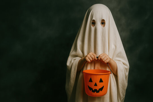 cute kid with halloween ghost costume and a jack o lantern bucket - Powered by Adobe