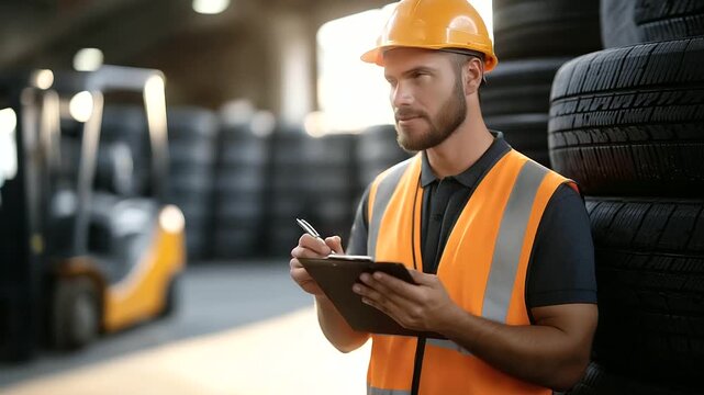 A worker inspects tire treads in a warehouse with stacks of tires towering a clipboard logging quality a forklift humming in the background and dust motes floating in sunlight