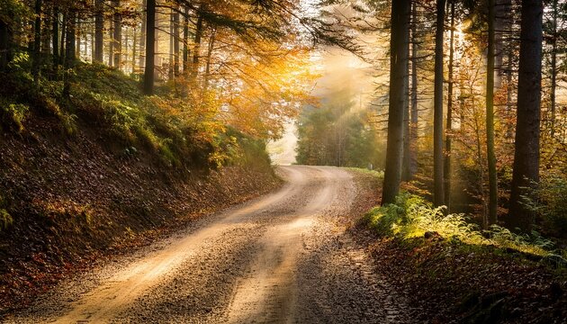 Dusty Dirt Road Winding Through A Forest Offers A Glimpse Of Nature S Tranquility In Autumn Light