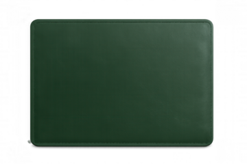 Green leather desk pad resting on transparent backdrop, offering sleek workspace protection with professional elegance