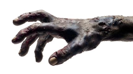 Zombie hand with decaying skin, isolated on white background, cut out PNG with transparent background