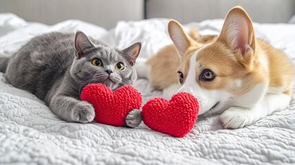 Corgi dog and gray cat lying on bed holding red heart plush toys, looking at each other with affection on white background, ultra-high-definition close-up with soft natural light.