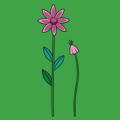 Obraz premium Pink abstract vector illustration of a single flower with green leaves and blossoms, a floral design for spring or summer