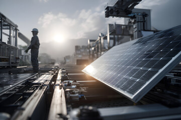 Worker inspecting solar panel production line in modern factory with mountains in the distance, showcasing sustainable energy and technological advancement.