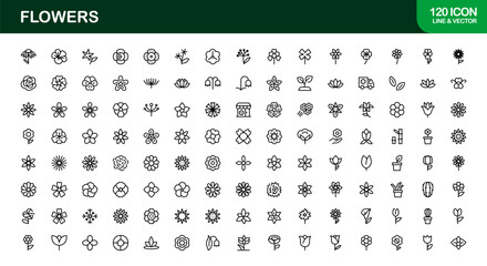 Flowers Line Icon Set – Modern Minimal Outline Vector Icons, Professional Floral Line Art Collection for Premium Design Projects