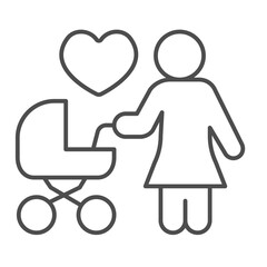 Obraz premium Mother with stroller and heart shape thin line icon, childhood concept. Vector graphics. Woman with baby pram, care sign on white background, outline style icon for mobile or web design.