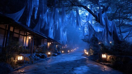 Fototapeta premium 幻想的な夜の道、青い光の中で静かな雰囲気が漂う場所