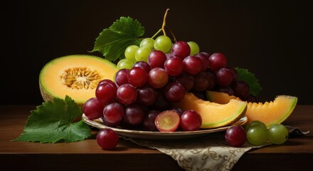 A still life arrangement of ripe grapes and cantaloupe slices, beautifully presented on a plate, set against a dark background, showcasing rich colors and a sense of depth.