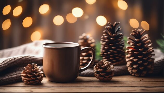 Cozy Rustic Mug With Pine Cones And Holiday Lights Background - Powered by Adobe