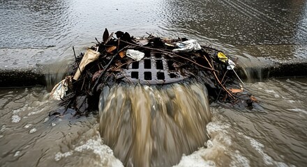 Storm drain overflowing with debris and polluted water after heavy rainfall.
