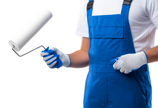 Professional Painter Holding a White Paint Roller, Ready for Home Renovation isolated on a transparent background
