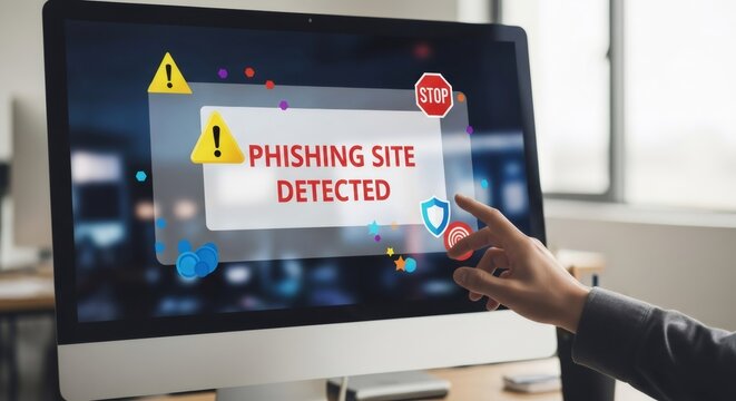 Man pointing on computer screen with phishing site detected message. Digital security and internet fraud prevention concept. Cybersecurity awareness.