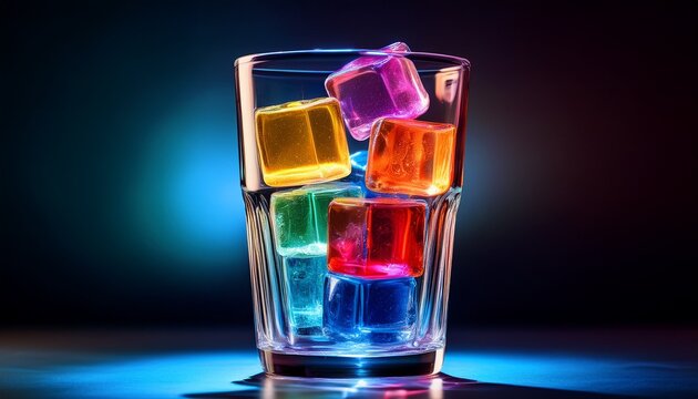 Colorful Ice Cubes Illuminated In A Glass Creating A Vibrant Display Against A Dark Background
