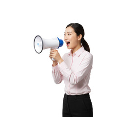 Energetic young professional woman conveys a powerful message using a megaphone isolated