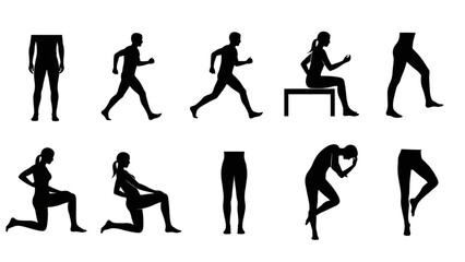Leg Posture Icon Set, Black Silhouette Leg Position Symbols, Minimalist Vector Illustration
