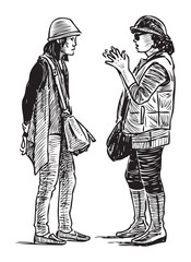 Two casual towns women standing on city street and talking, realistic sketch, profile, vector hand drawn illustration on white background