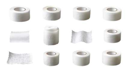 Nine variations of white medical tape, showing rolls, and flat shapes