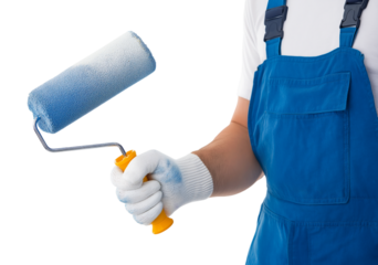 Professional Painter Ready with Blue Paint Roller for Home Renovation Project  isolated on a transparent background