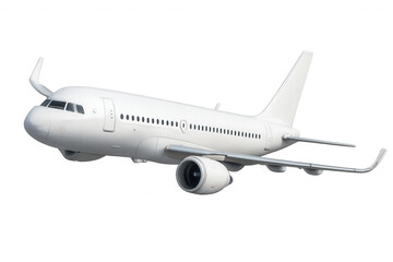 Obraz premium White passenger jet flying high, embodying cutting-edge aviation design with gleaming aerodynamic silhouette against neutral backdrop