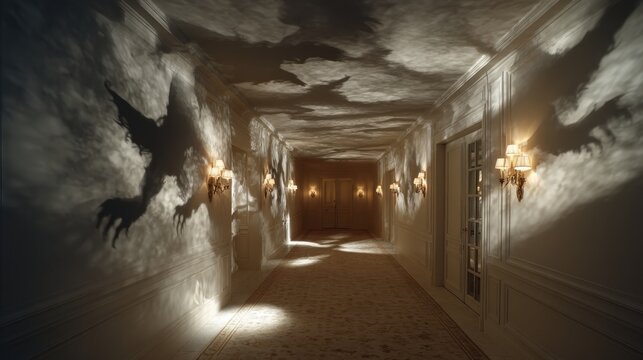 Myst&egrave;re au cr&eacute;puscule dans un couloir illumin&eacute; par des ombres captivantes