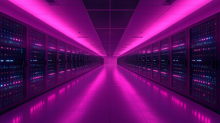 Long rows of illuminated computer servers create a modern data center hallway bathed in striking pink and purple light.