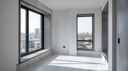 Fototapeta premium Modern empty apartment interior with large windows showcasing city skyline and natural light