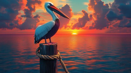  A pelican standing on a wooden post at sea, with a stunning fiery sunset.