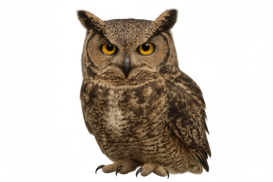 Eurasian eagle-owl, also known as bubo bubo, staring intensely with bright yellow eyes, isolated on transparent background, offering flexibility in image editing