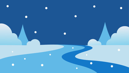 Winter landscape with river and snowfall