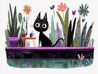 A cute black cat sits in the garden near a pond, surrounded by flowers and grass on a warm summer day. The curious pet watches the water quietly. AI-generated colorful illustration