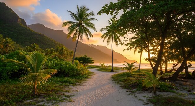 Tropical Beachfront Path with copy space in mountain valley photo