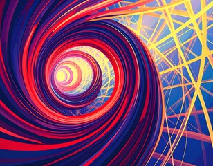 Abstract swirling tunnel with vibrant colors and interwoven lines