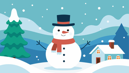 Illustration of a snowman in winter scene