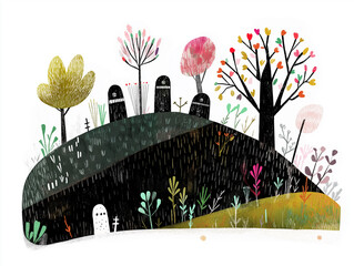 A group of black gravestones stands quietly in a forest graveyard, surrounded by trees and plants on a summer day. A simple childish drawing of a cemetery. AI-generated illustration