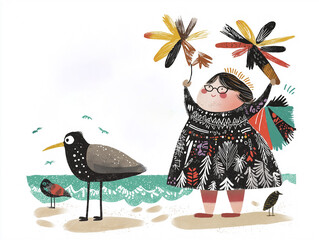 A happy chubby woman at the beach surrounded by birds and kites. A curvy lady having fun near the sea.  AI-generated illustration