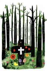 A black cross-shaped gravestone stands quietly among trees and plants in a green forest cemetery. A simple drawing of a graveyard in the woods. AI-generated illustration
