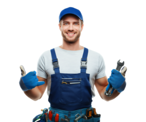 Friendly Handyman in Overalls Ready for Service with Tools and a Smile isolated on a transparent background