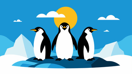 Obraz premium Three penguins stand on ice under the sun