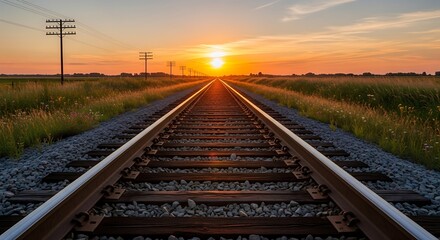 Fototapeta premium Sunset over Railroad Tracks Through Fields.