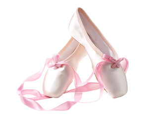 Elegant White Satin Ballet Pointe Shoes with Pink Ribbons isolated on a transparent background