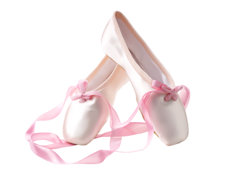 Elegant White Satin Ballet Pointe Shoes with Pink Ribbons isolated on a transparent background