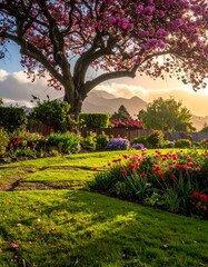 Obraz premium Lush garden bathed in sunlight, vibrant blossoms beneath a flowering tree